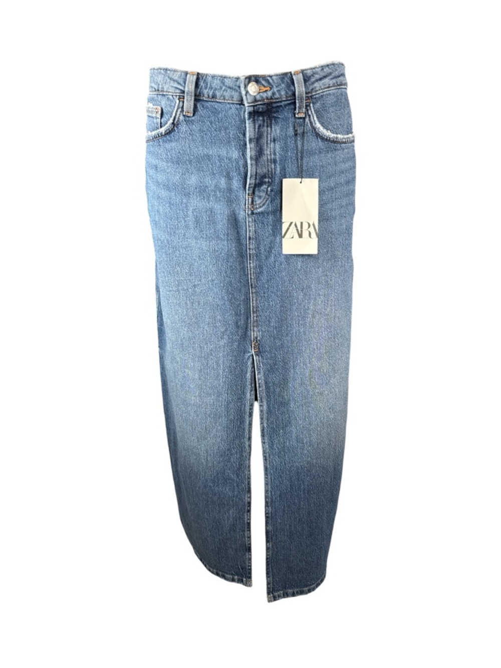 ZARA Button Fly Blue Denim Maxi Skirt with Front Slit. - Picture 2 of 13